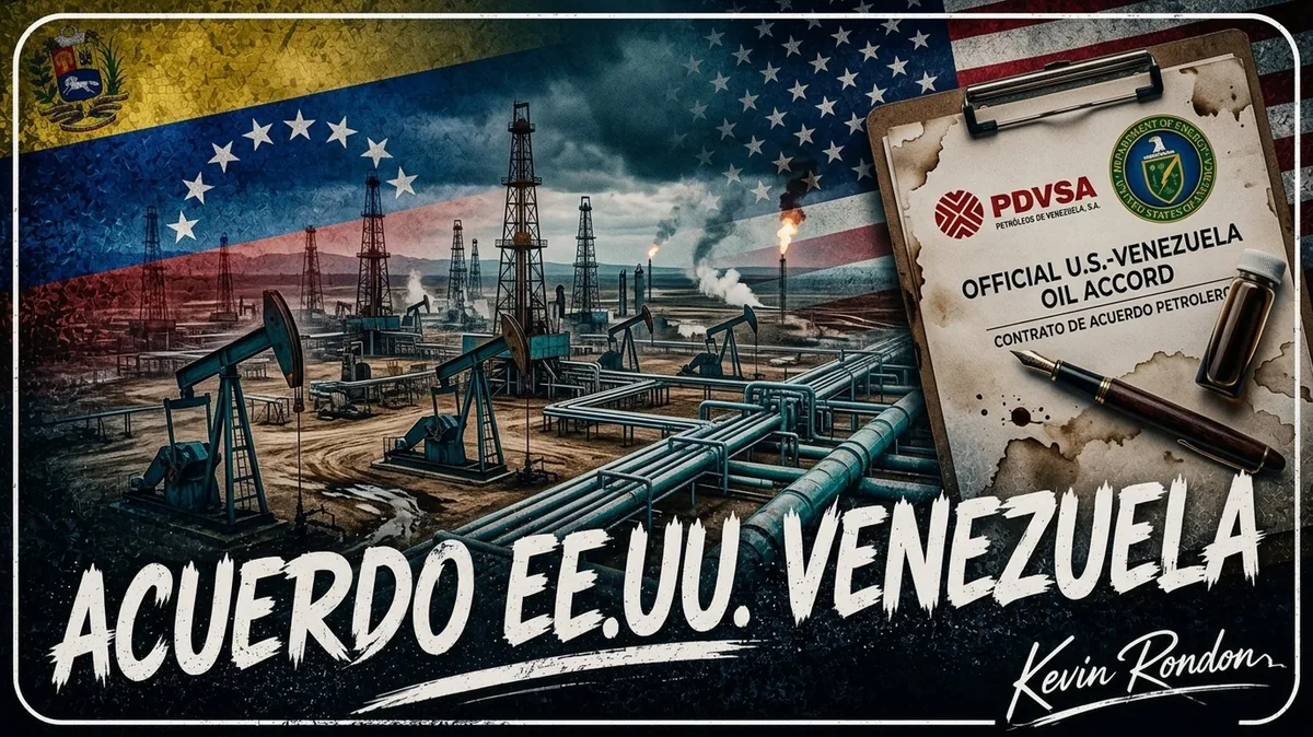 Ilustración del acuerdo petrolero entre Estados Unidos y Venezuela, con banderas de ambos países, taladros petroleros y un documento simbólico del contrato