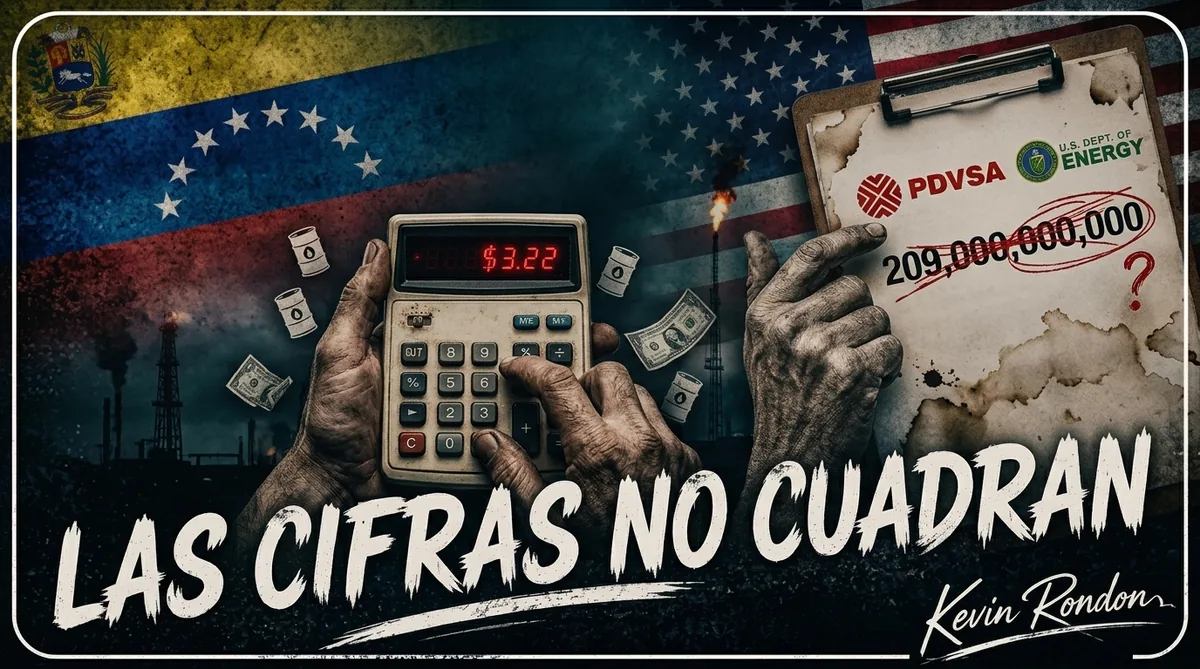 Ilustración de unas manos sosteniendo una calculadora que muestra $3.22, junto a un documento del acuerdo petrolero con la cifra de 209,000 millones de dólares tachada, simbolizando la disputa sobre las cifras del acuerdo entre Trump y Venezuela