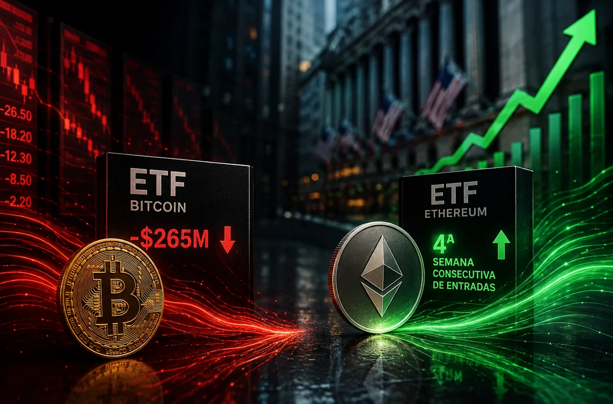 Los ETF de Bitcoin perdieron $265 millones en un solo día mientras los de Ethereum extienden su cuarta semana seguida de entradas: el dinero institucional sigue eligiendo bando