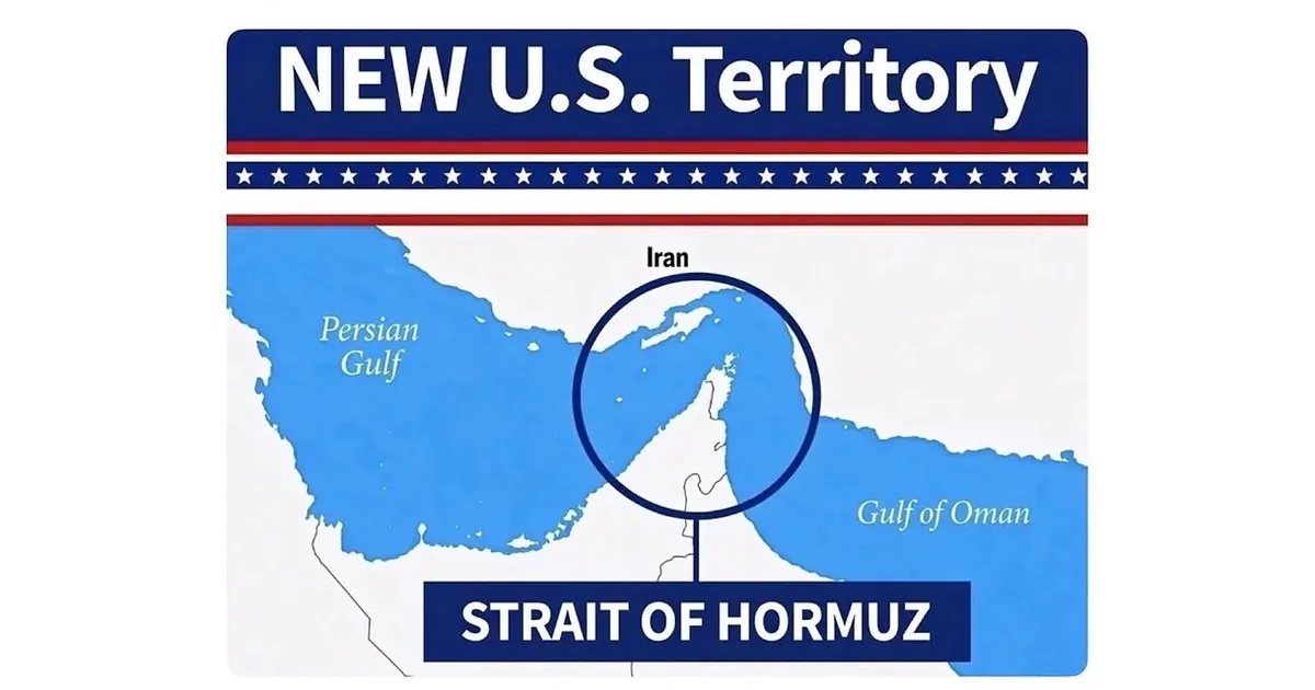 Publicación de Donald Trump en redes sociales mostrando un mapa del Estrecho de Ormuz etiquetado como 'Nuevo territorio de EE.UU.'