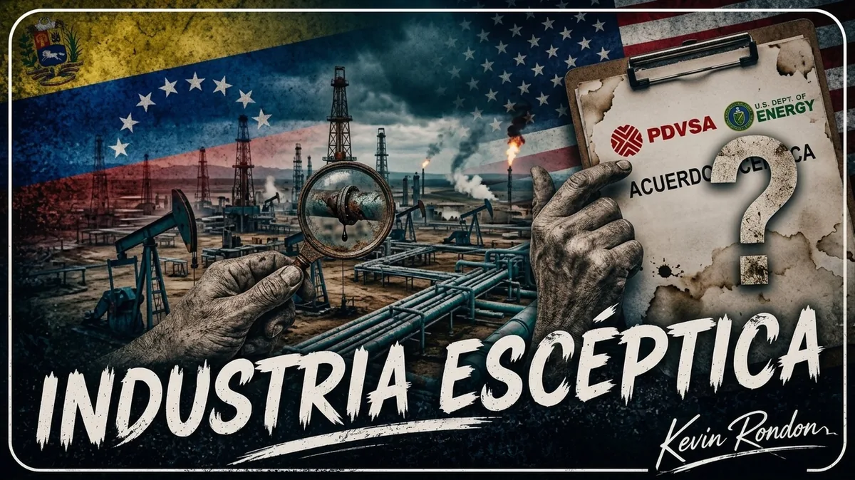 Ilustración de la industria petrolera escéptica ante el acuerdo Trump-Venezuela, con una lupa sobre una tubería y un documento del acuerdo marcado con un signo de interrogación